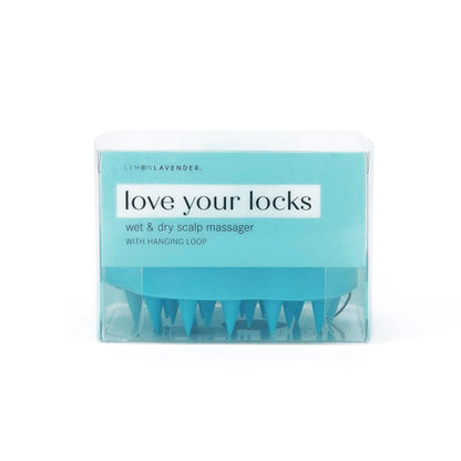 blue Love Your Locks Wet & Dry Scalp Massager displayed in the package against a white background