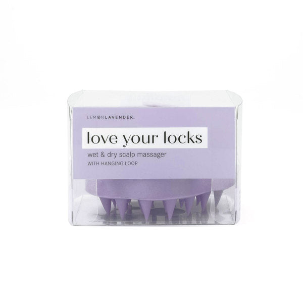 purple Love Your Locks Wet & Dry Scalp Massager displayed in the package against a white background