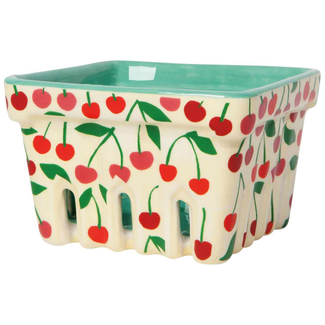 cream berry basket with red cherries images on the outside of the basket inside of the basket is seafoam green