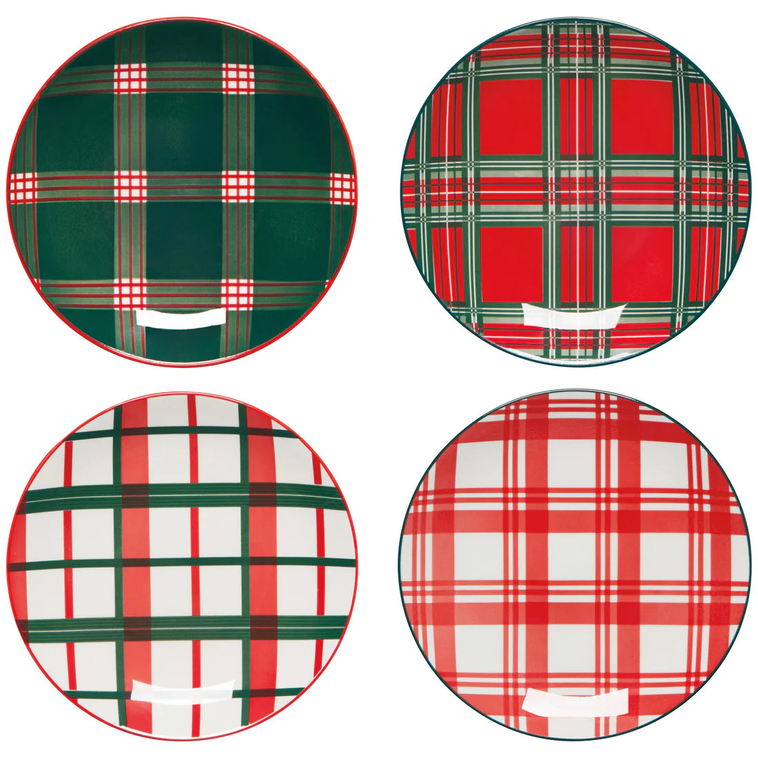 4 styles of holiday plaid plates on a white background.