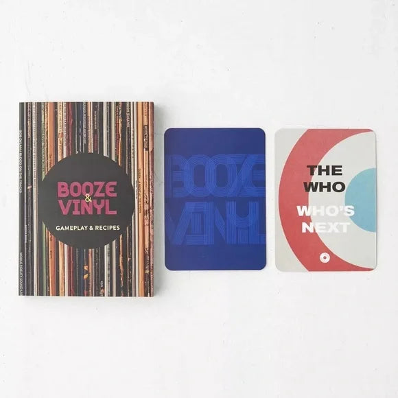 Booze & Vinyl booklet and sample cards laying on a white background