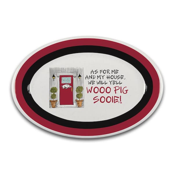 oval platter with red and black around the rim with illustration of a door with a razoback on it and text "as for me and my house, we will yell wooo pig sooie!"