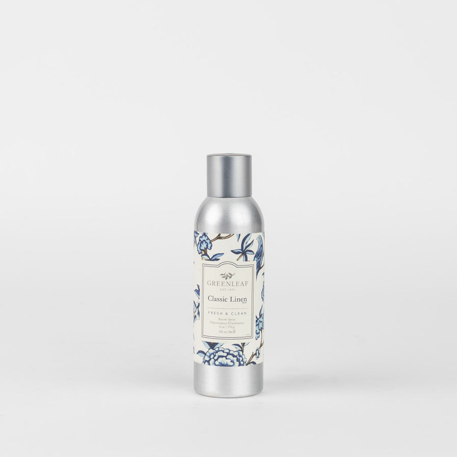 Classic Linen Room Spray in a silver bottle with a blue and white patterned label on it.