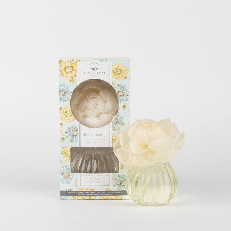 Bella Freesia Flower Diffuser set next to its box packaging that is printed with yellow and blue flowers.
