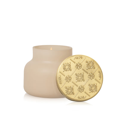 Coconut Santal Artisan Terrazza Velluto Petite Candle with lid in front on a white background