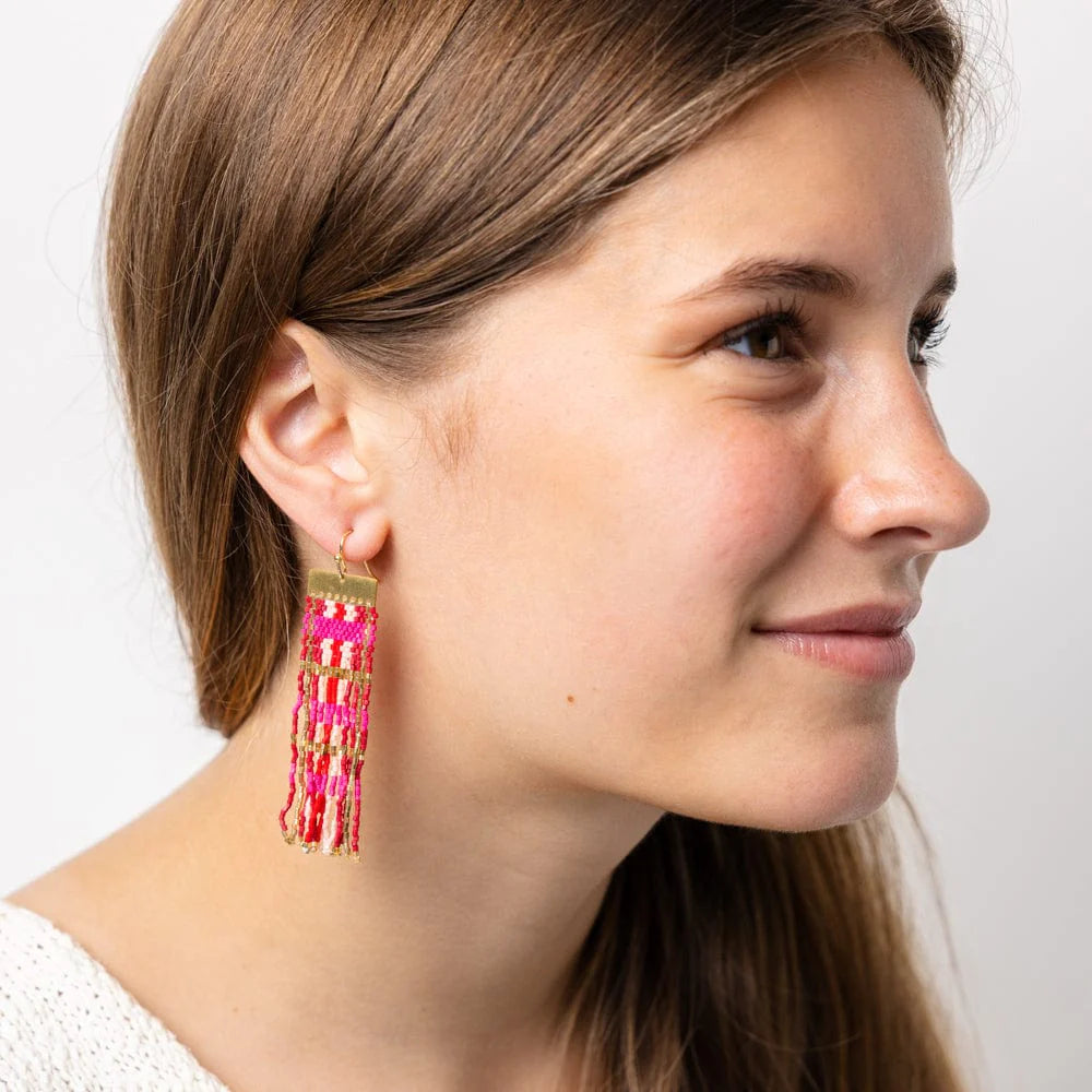 person wearing Mckenzie Brass Bar Fringe Earrings