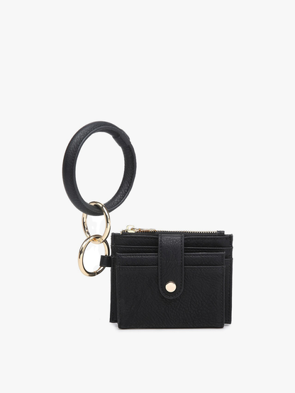 black Mini Snap Wallet Wristlet with o-ring bangle on a white background.