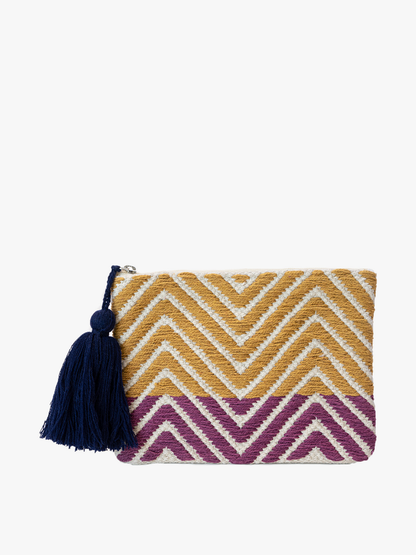 mustard, purple and cream zig zag patterned zipper bag on a white background.