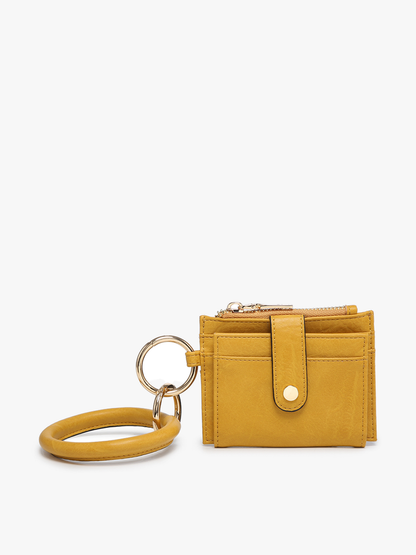 mustard Mini Snap Wallet Wristlet with o-ring bangle on a white background.