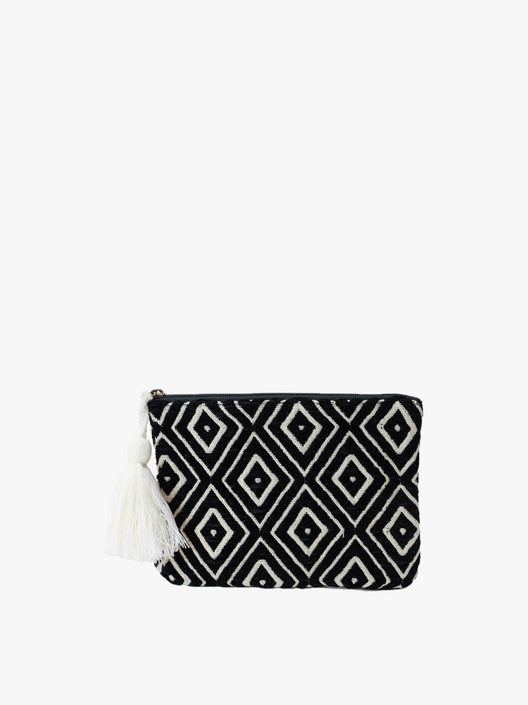 zipper bag with black and cream diamond pattern on a white background.
