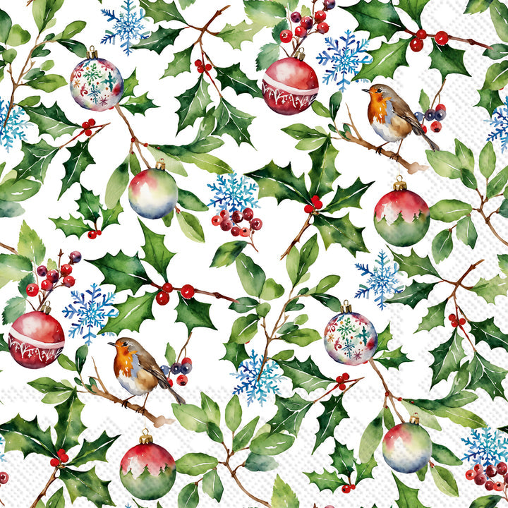 luncheon sized paper napkin printed with holly leaves, bird, ornaments, and blue snowflakes