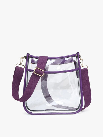 Posie Clear Crossbody with purple strap and trim.