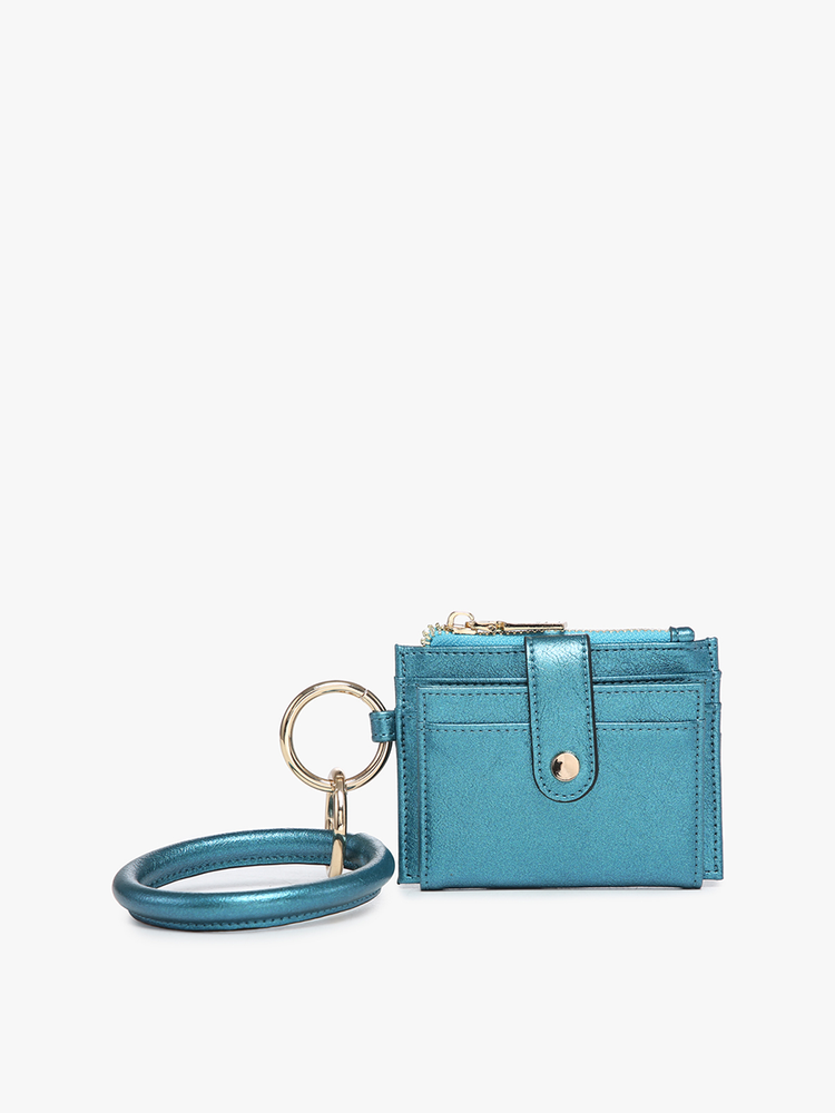 malachite Mini Snap Wallet Wristlet with o-ring bangle on a white background.