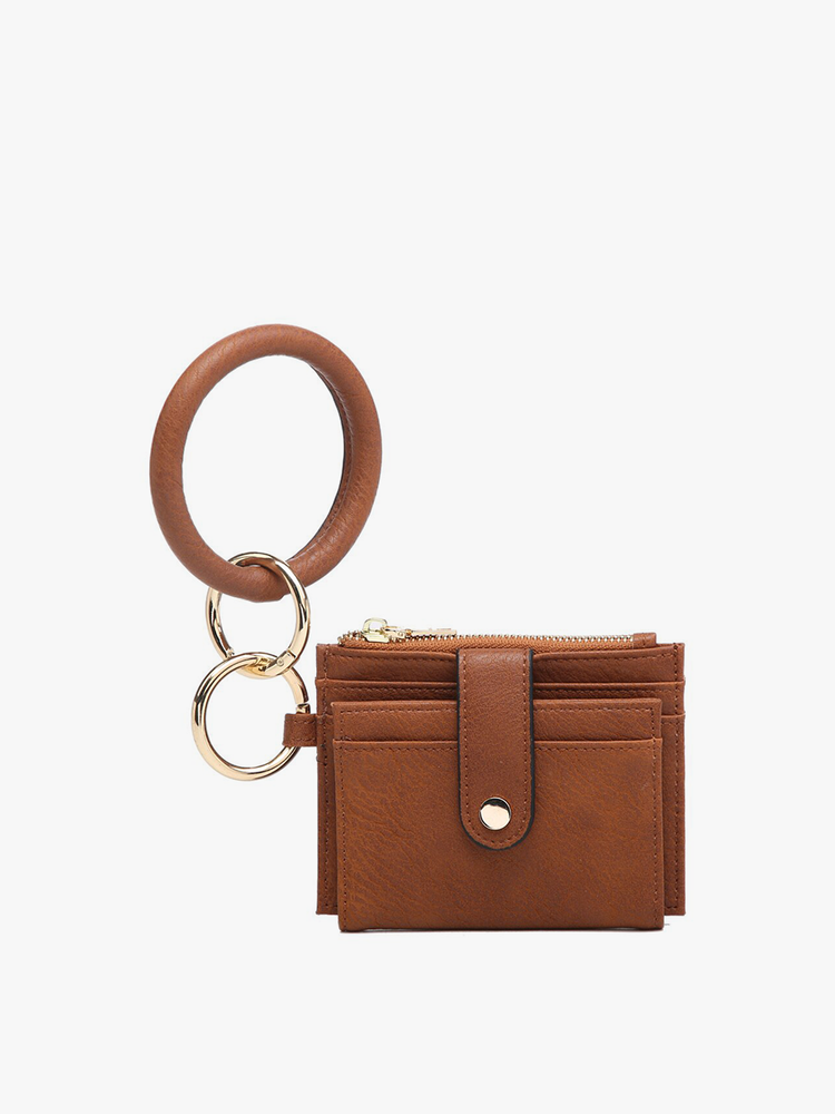 brown Mini Snap Wallet Wristlet with o-ring bangle on a white background.