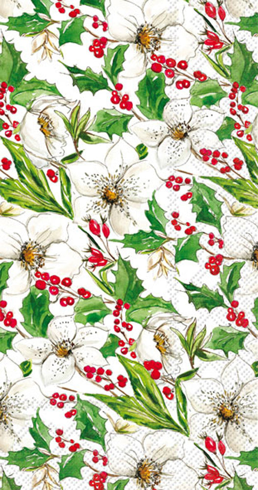 Pattern of white flowers, green leaves, and red berries on a white paper napkin