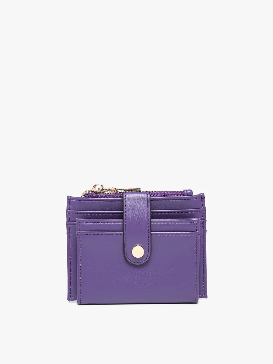 purple mini snap wallet on a white background