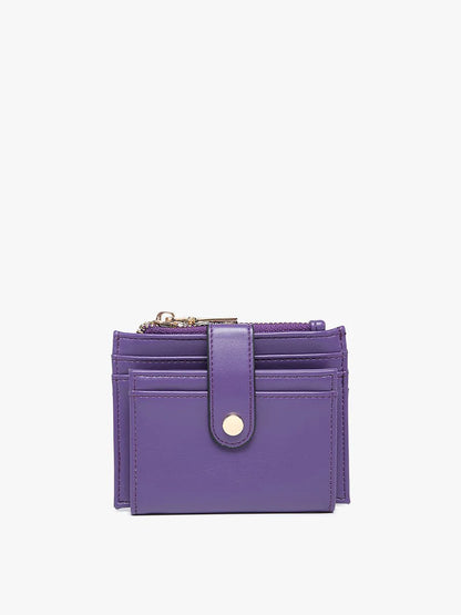 purple mini snap wallet on a white background