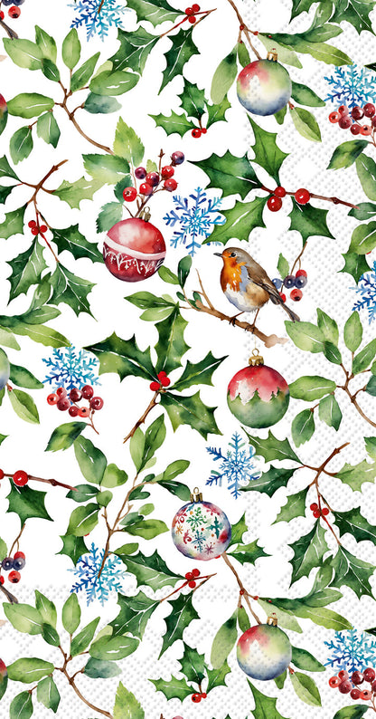 rectangular guest paper napkin printed with holly leaves, bird, ornaments, and blue snowflakes