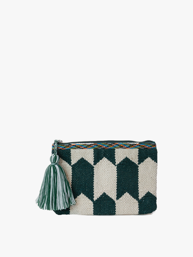 dark green and cream geometric pattern zipper bag on a white background.
