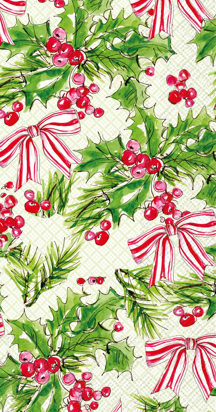 rectangular paper napkin printed with holly leaves, berries, and red bows on a white checked background.