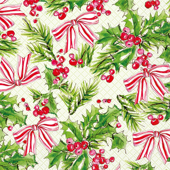 luncheon paper napkin printed with holly leaves, berries, and red bows on a white checked background.