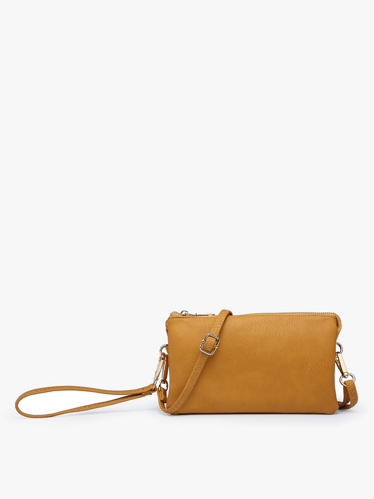 mustard christine wristlet crossbody on a white background.