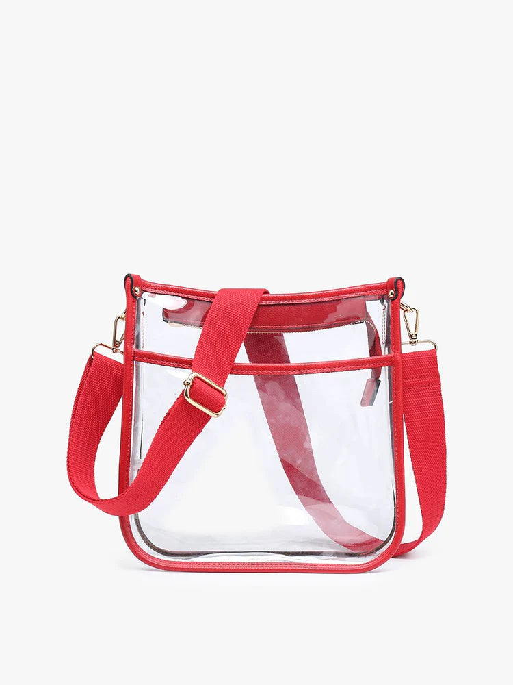 Posie Clear Crossbody with red strap and trim.