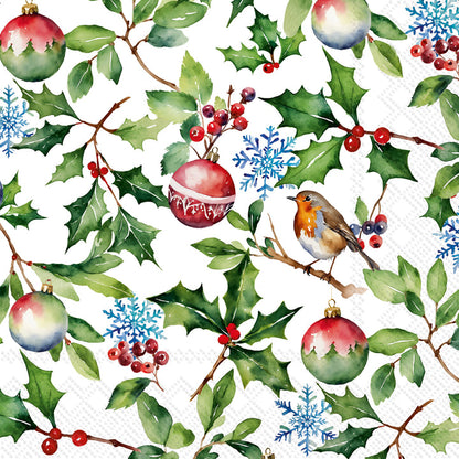 beverage paper napkin printed with holly leaves, bird, ornaments, and blue snowflakes