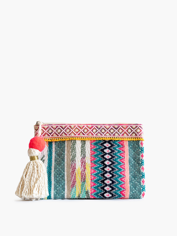 zipper bag with colorful vertical stripes.