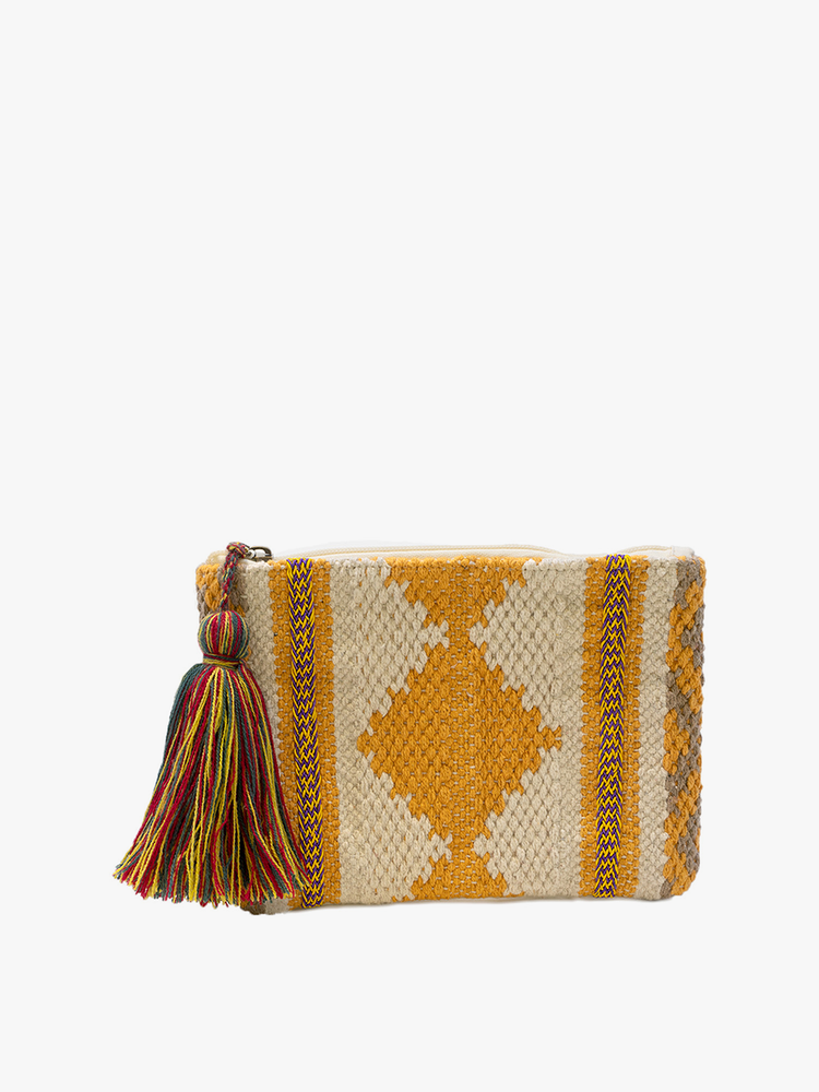 mustard and cream patterned zipper bag on a white background.