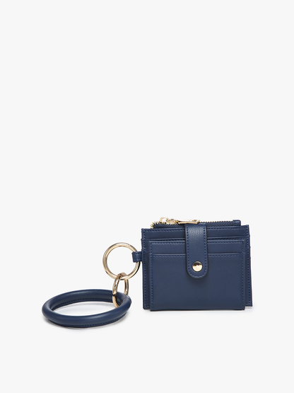 navy Mini Snap Wallet Wristlet with o-ring bangle on a white background.