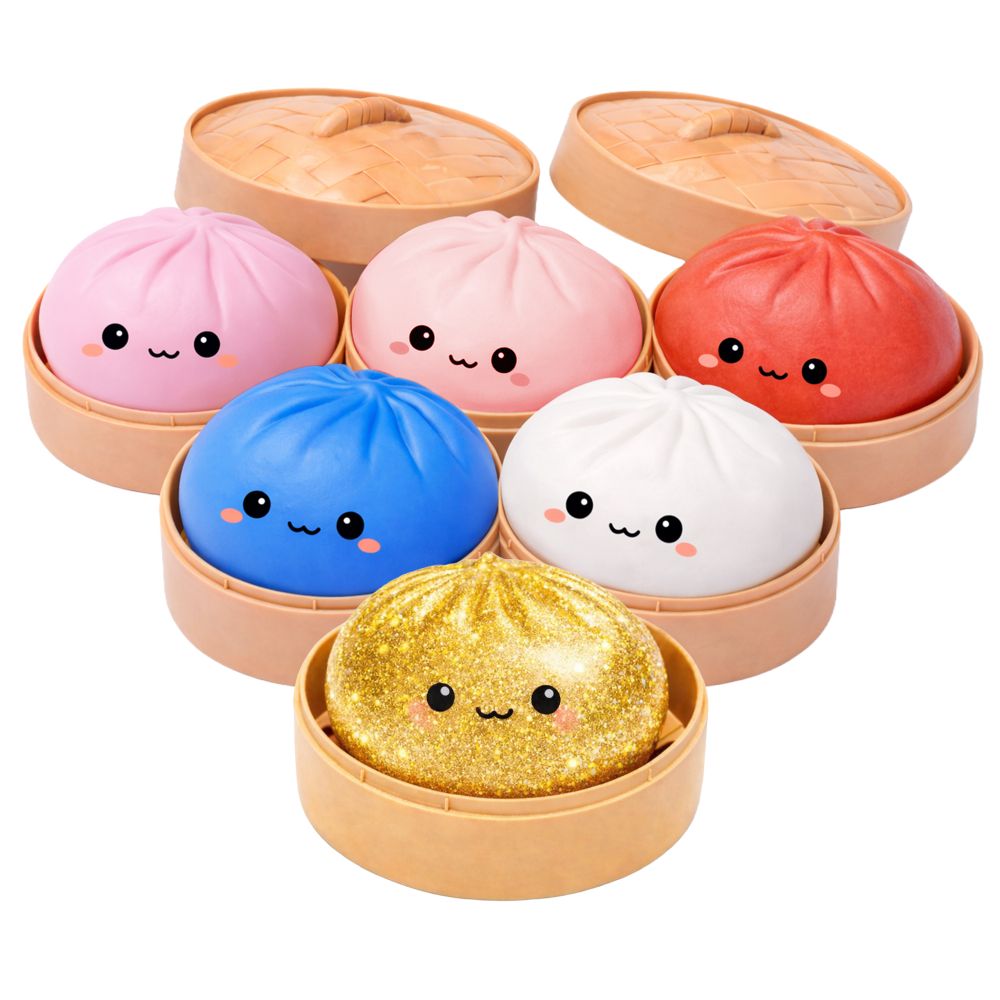 6 squishy boa dumpling fidgets in their plastic bamboo looking steamer holder