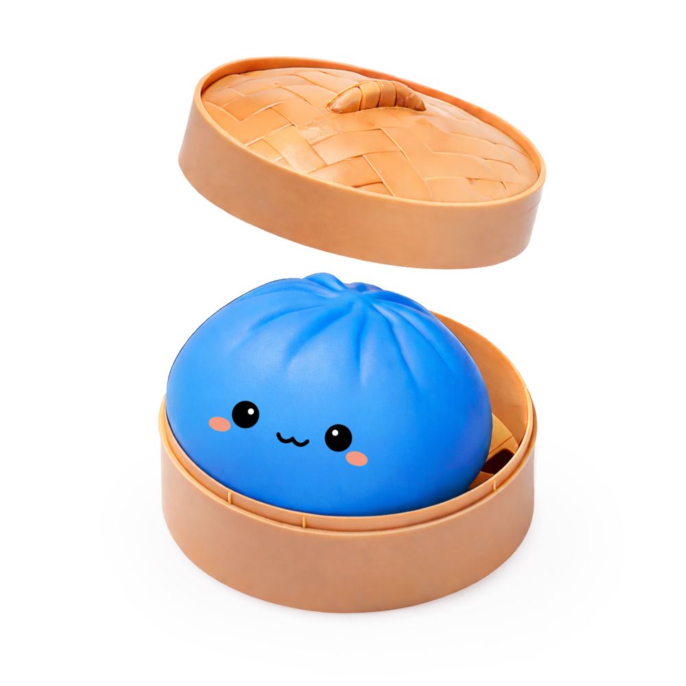 a blue bao in is bamboo like steamer container
