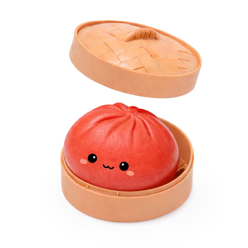 a red bao in is bamboo like steamer container