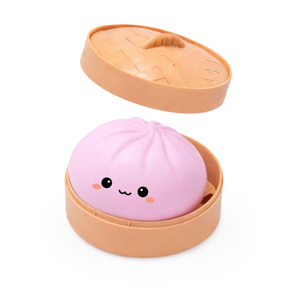 a light pink bao in is bamboo like steamer container