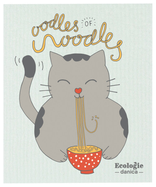 Oodles Of Noodles Swedish Sponge Dishcloth printed with a cat slurping noodles.