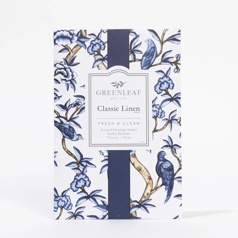 Classic Linen Large Sachet with blue and white floral and bird design printed on it