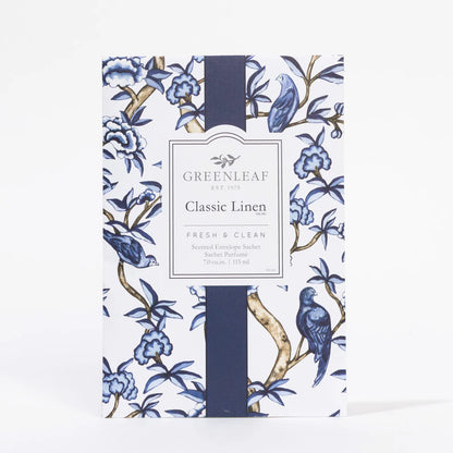 Classic Linen Large Sachet with blue and white floral and bird design printed on it