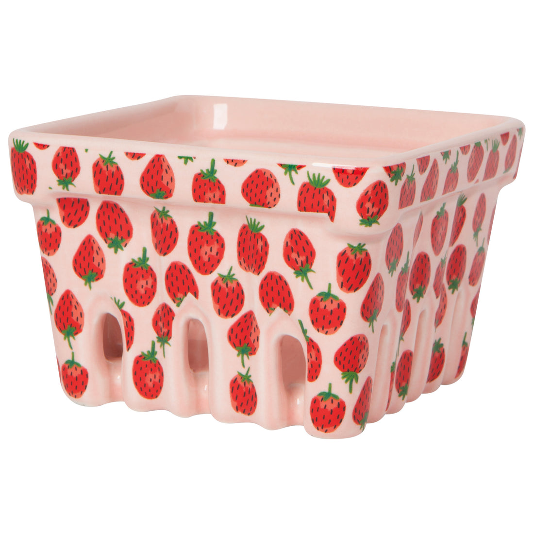 pink ceramic berry basket with red strawberries painted on it