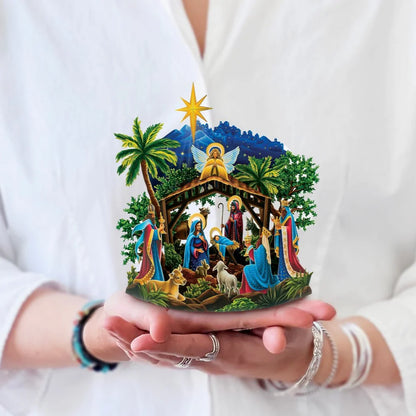 person wearing a white blouse holding Mini Nativity Pop-Up Card