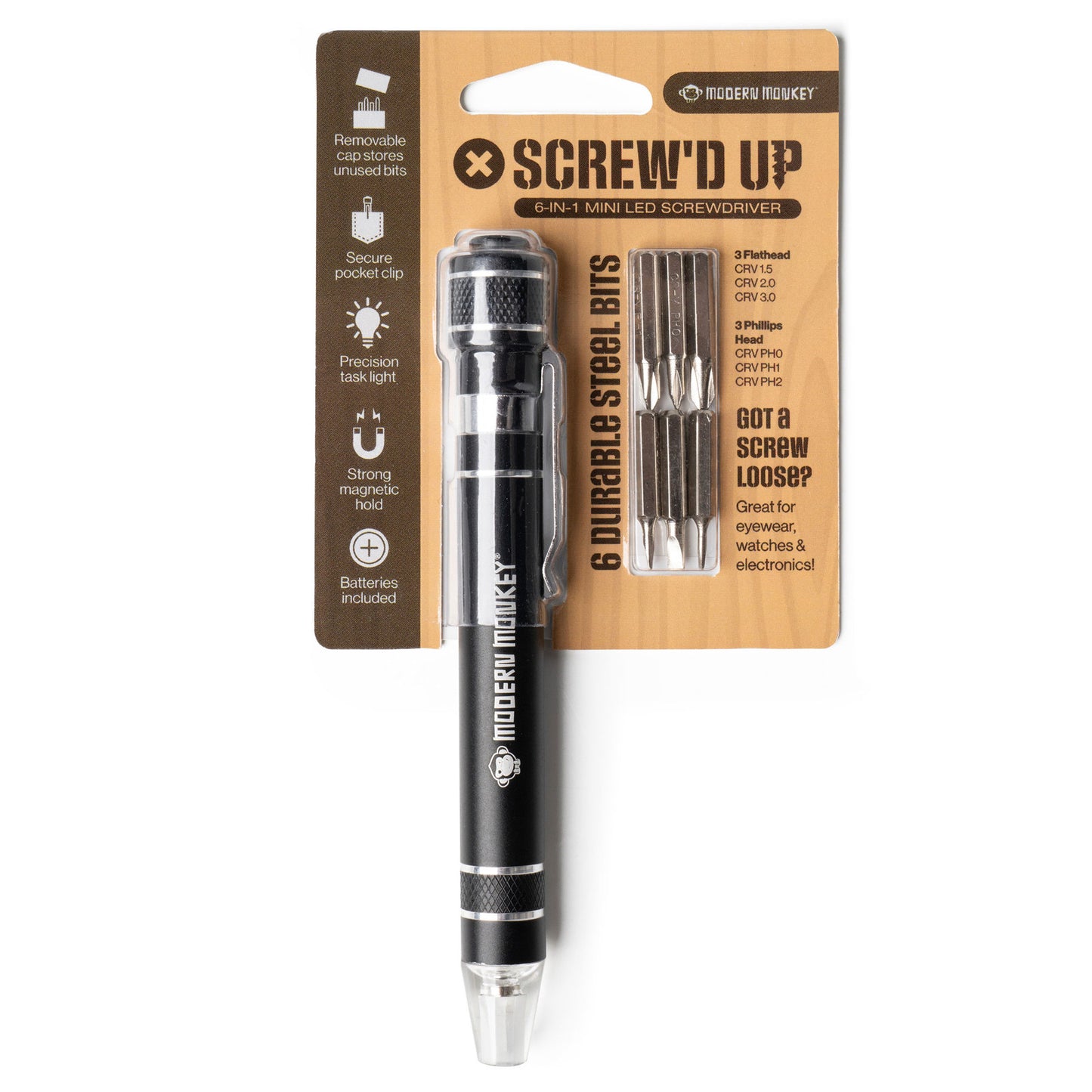 black Screwd Up 6-In-1 Screwdriver in its card packaging