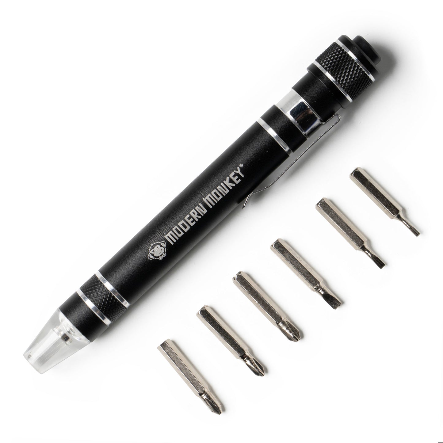 black Screwd Up 6-In-1 Screwdriver arranged with assorted bits