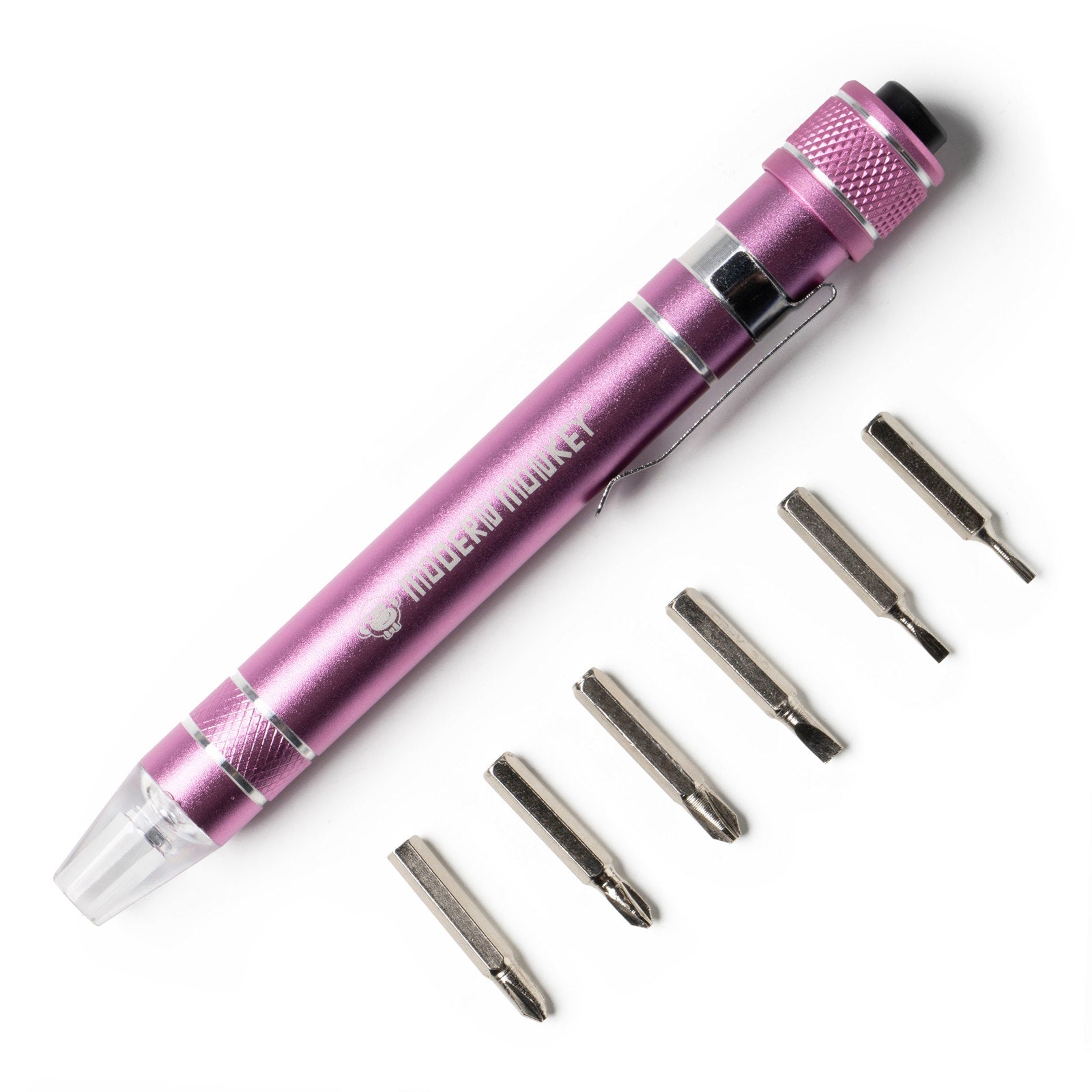 pink Screwd Up 6-In-1 Screwdriver arranged with assorted bits
