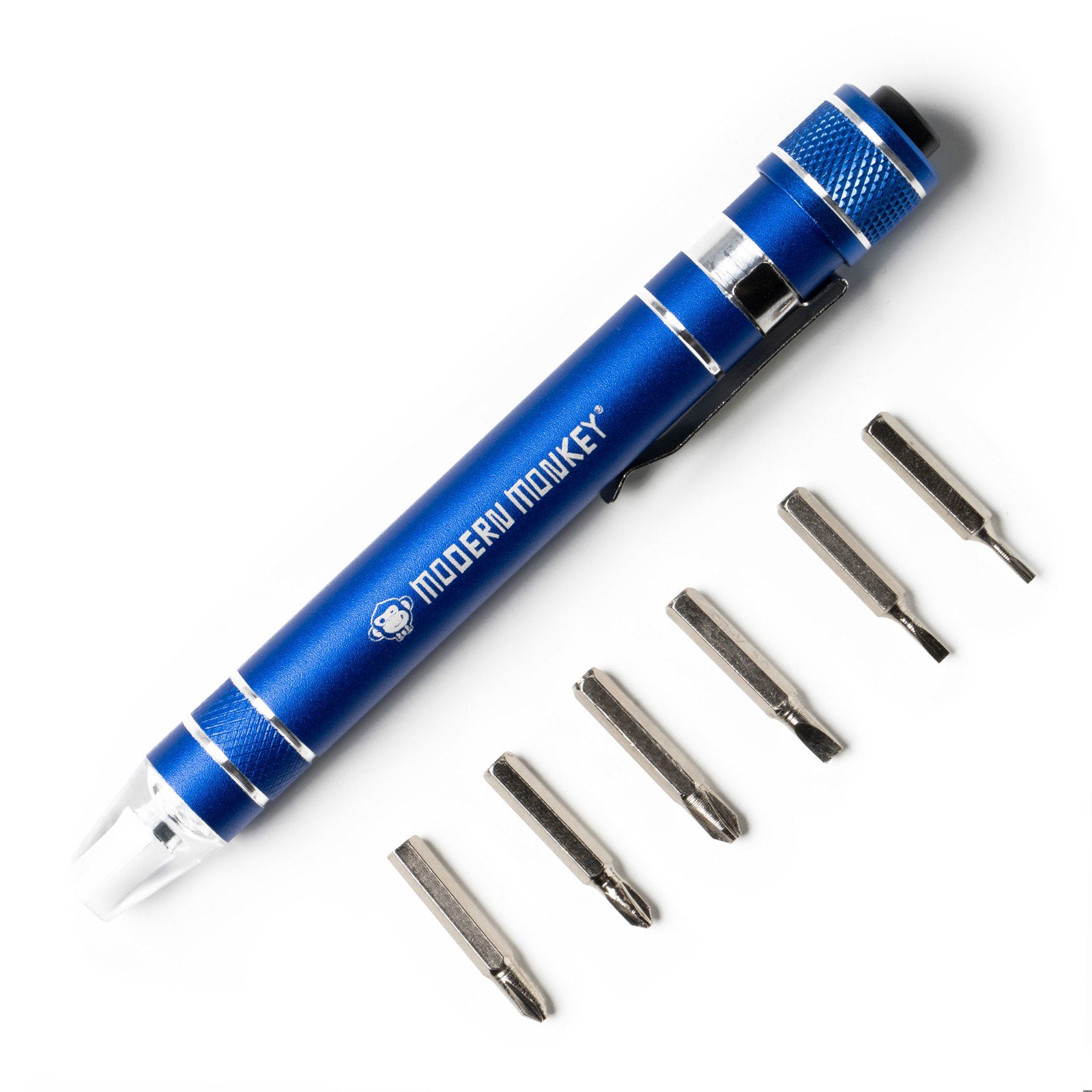 blue Screwd Up 6-In-1 Screwdriver arranged with assorted bits