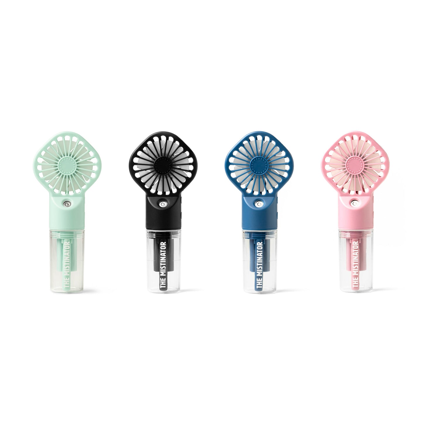 4 colors of Mistinator 2-in-1 Rechargeable Water Fans in a row