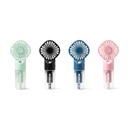 4 colors of Mistinator 2-in-1 Rechargeable Water Fans in a row