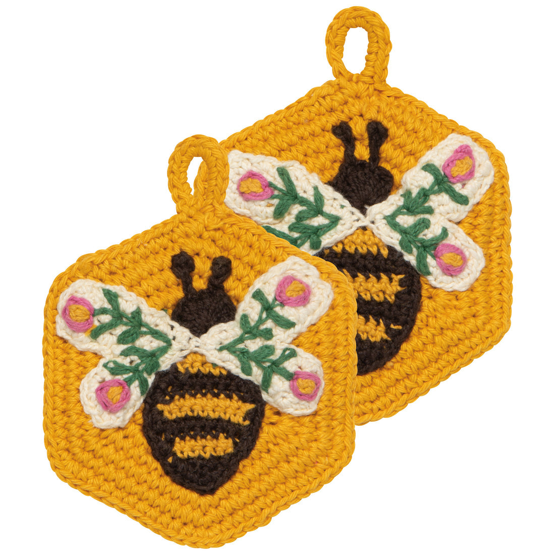 2 crochet yellow sponges with a bees on them