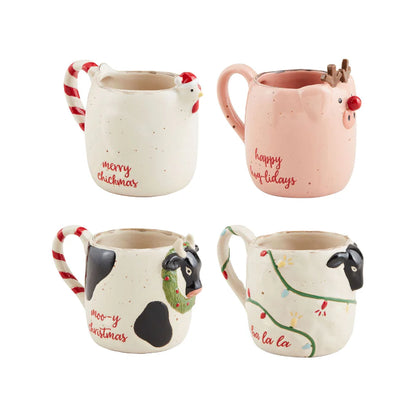 4 styles of Christmas farm animal mugs.