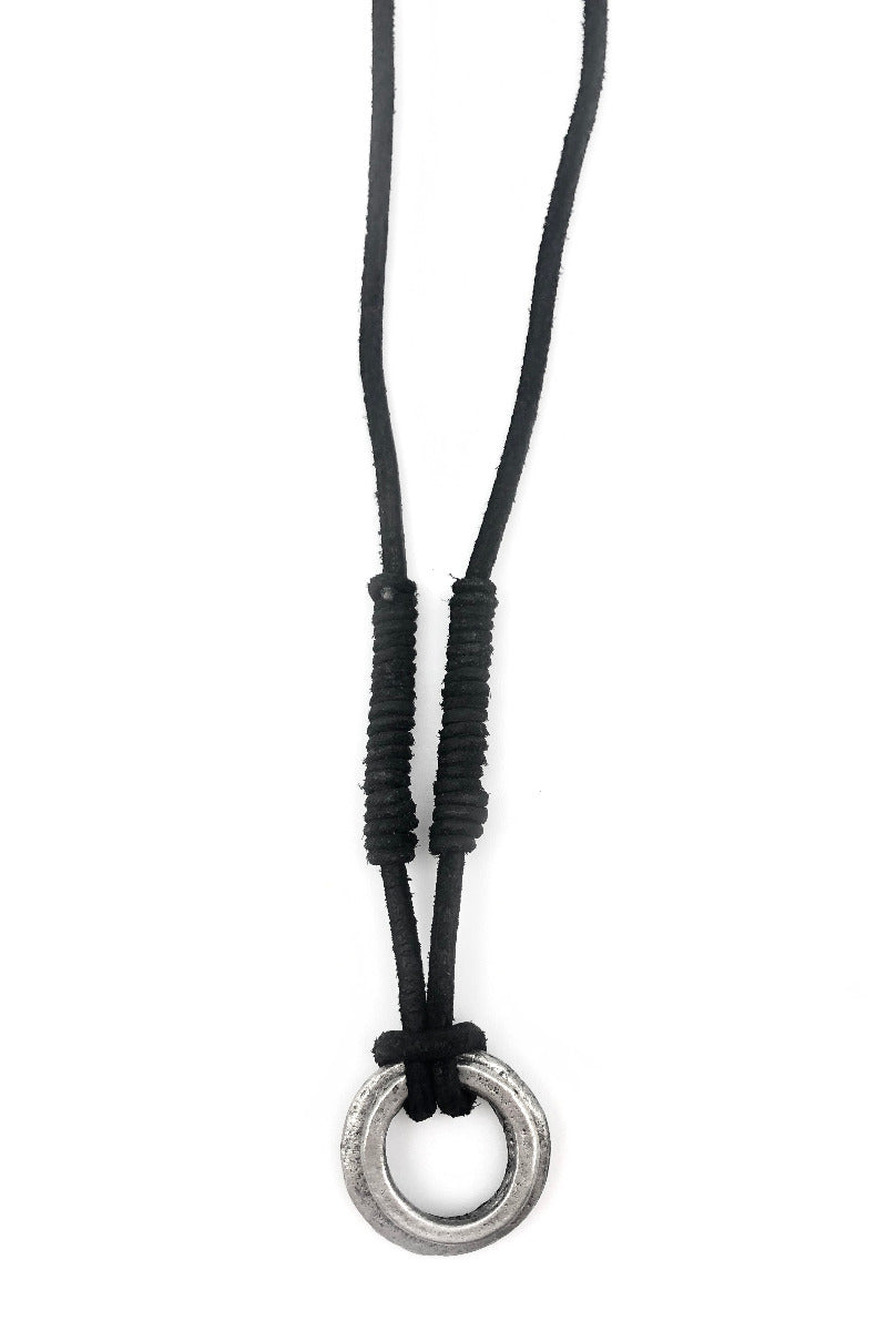 leather cord necklace with rings pendant on a white background.