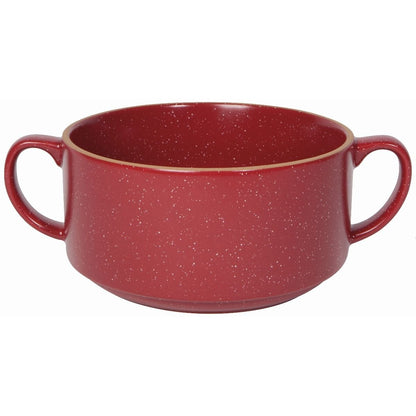 red soup bowl with 2 handles shown on a white background.